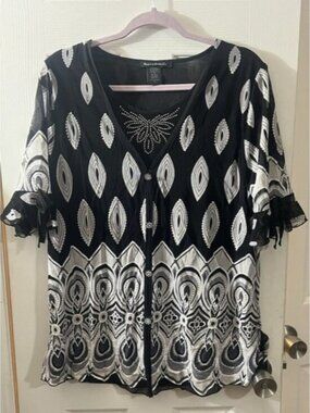 Women's Black White Silver Blouse Appointments‎ Crystal Buttons Bow Ties Sz 1XL